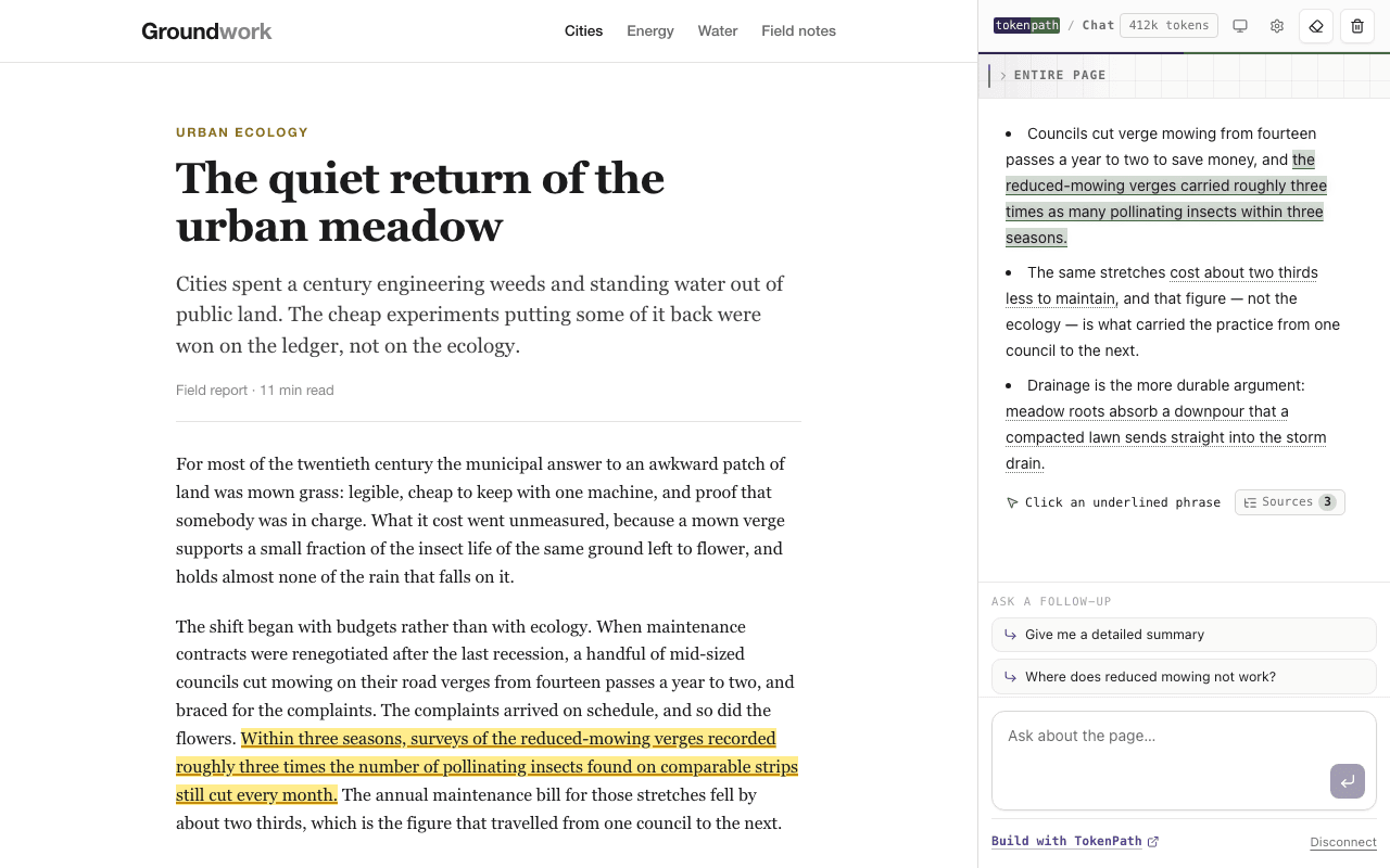 The TokenPath side panel open beside an article. Phrases in the answer are underlined, and the sentence one of them was drawn from is highlighted in the page itself.